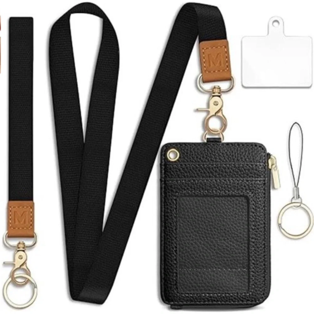 Lanyard Wallet with Id Badge Holder, Black RFID Small Keychain Wallet Women